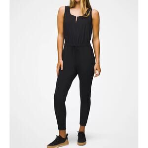Prana Railay Jumpsuit Women's M Black Sleeveless Zipper Front Drawcord Waist
